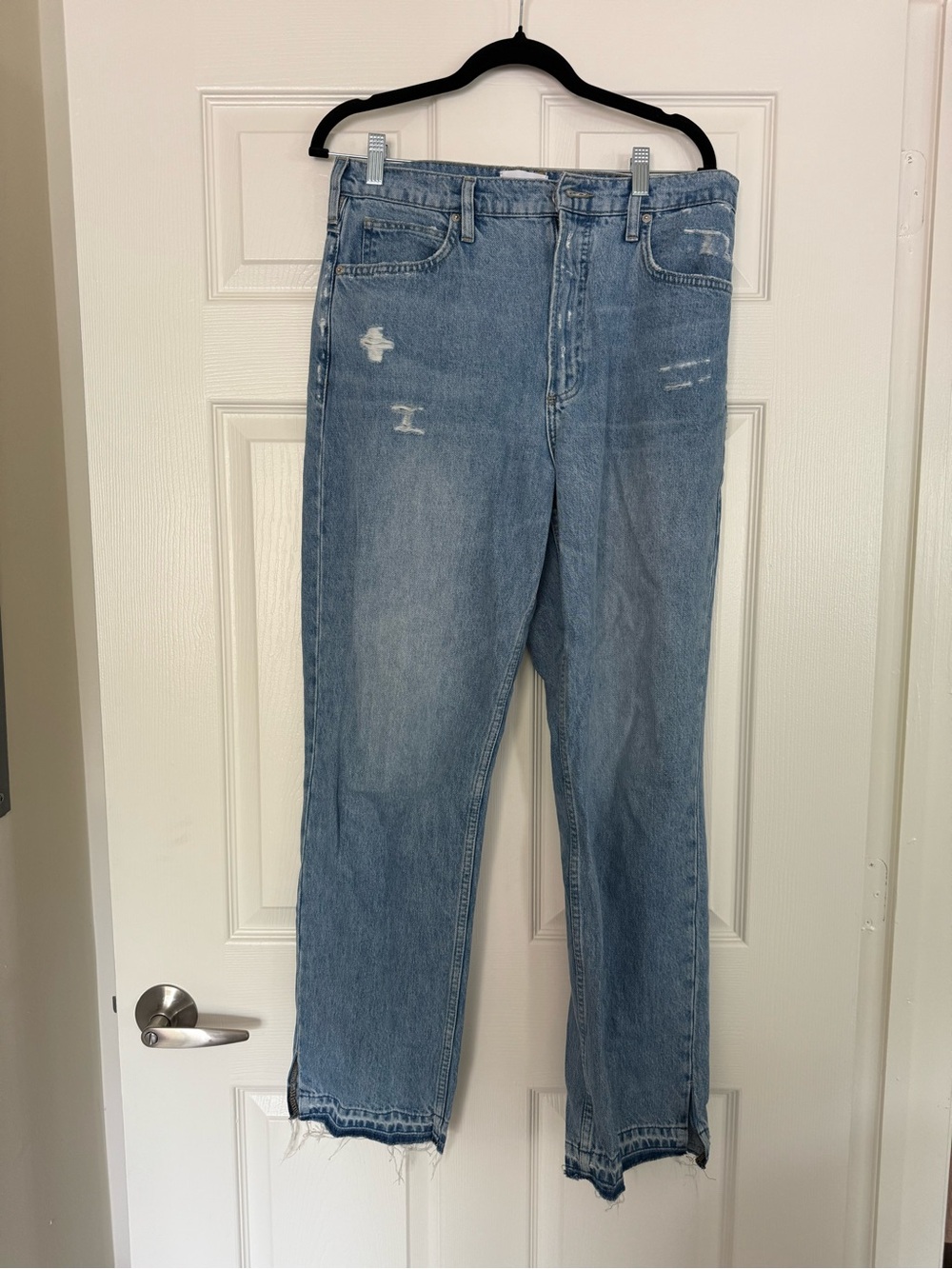 Frame Light Blue Distressed Straight-Leg Jeans